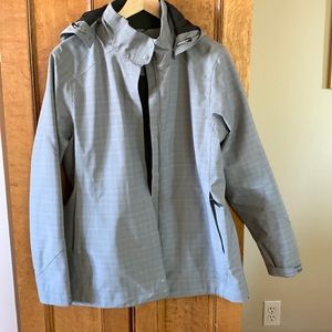 REI rain jacket, grey crosshatch color, with detachable hood, great condition!